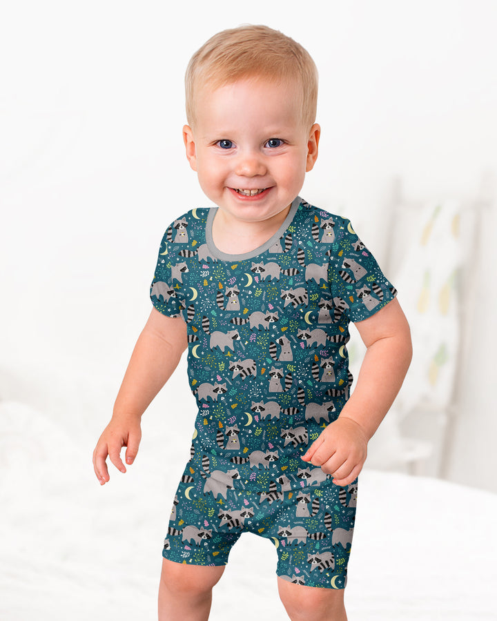 Midnight Raccoons Bamboo Two Piece Short Sleeve Shorts Pajama Set