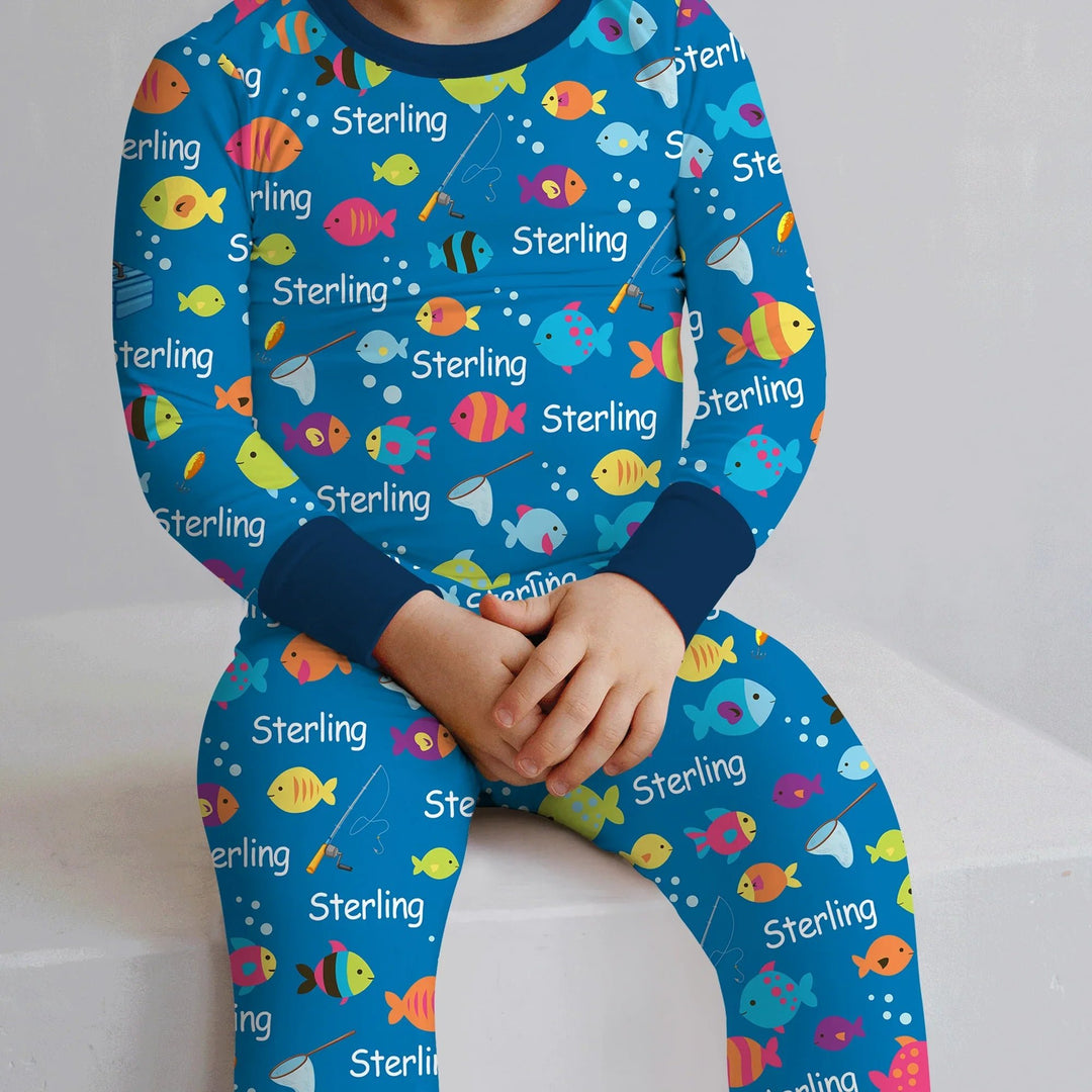 Little Fisher’s Adventure Custom Name Two Piece Long Sleeve Pajama Set , Little Fisher’s Adventure Custom Name Two Piece Long Sleeve Pajama Set - 12-18M
