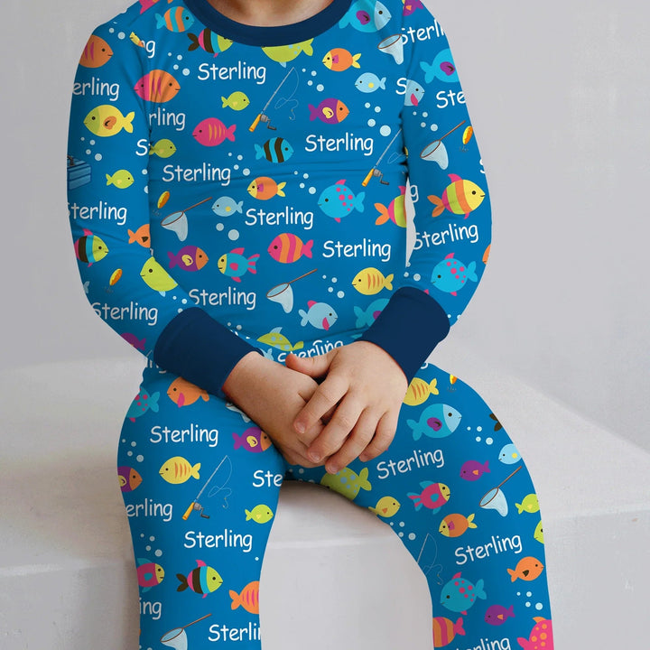 Little Fisher’s Adventure Custom Name Two Piece Long Sleeve Pajama Set , Little Fisher’s Adventure Custom Name Two Piece Long Sleeve Pajama Set - 12-18M