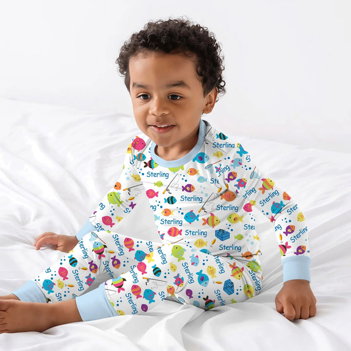 Little Fisher’s Adventure Custom Name Two Piece Long Sleeve Pajama Set , Little Fisher’s Adventure Custom Name Two Piece Long Sleeve Pajama Set - 12-18M