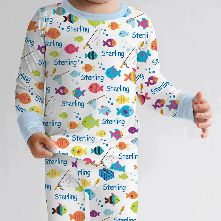 Little Fisher’s Adventure Custom Name Two Piece Long Sleeve Pajama Set , Little Fisher’s Adventure Custom Name Two Piece Long Sleeve Pajama Set - 12-18M