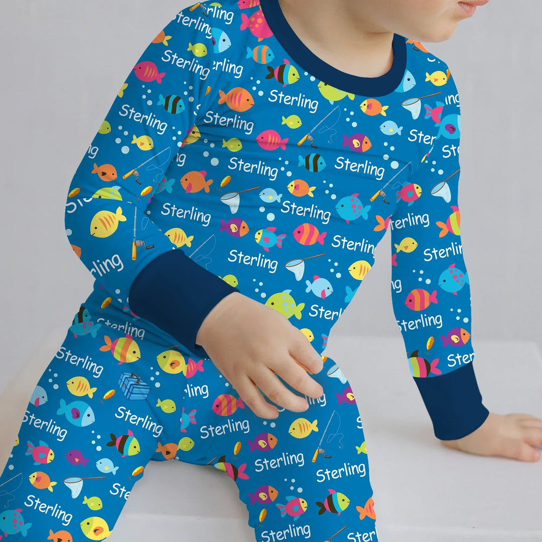 Little Fisher’s Adventure Custom Name Two Piece Long Sleeve Pajama Set , Little Fisher’s Adventure Custom Name Two Piece Long Sleeve Pajama Set - 12-18M