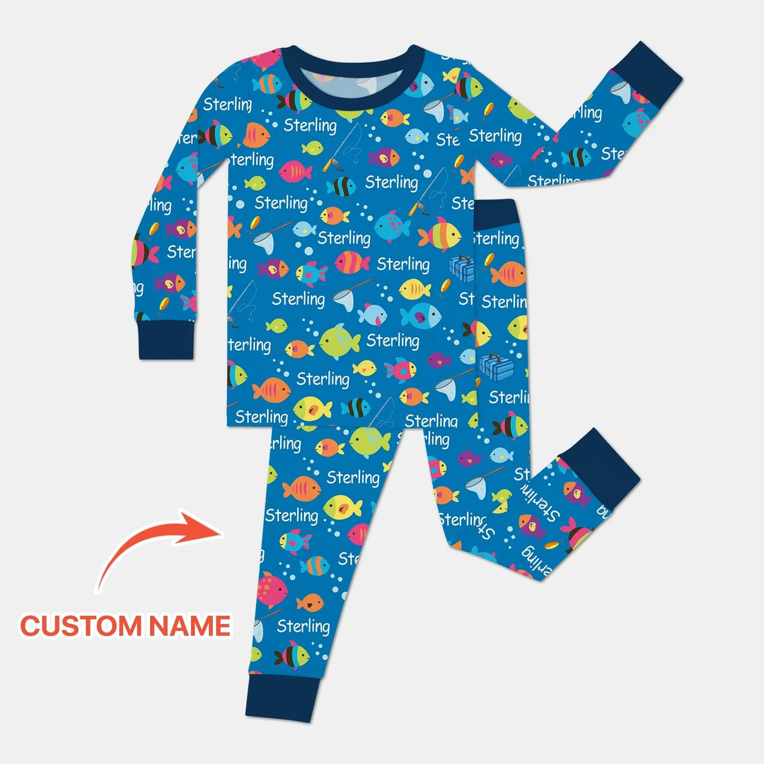 Little Fisher’s Adventure Custom Name Two Piece Long Sleeve Pajama Set , Little Fisher’s Adventure Custom Name Two Piece Long Sleeve Pajama Set - 12-18M