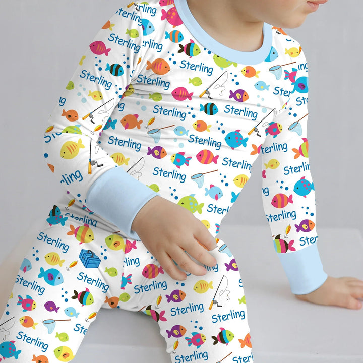 Little Fisher’s Adventure Custom Name Two Piece Long Sleeve Pajama Set , Little Fisher’s Adventure Custom Name Two Piece Long Sleeve Pajama Set - 12-18M