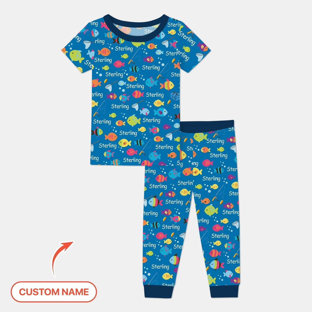 Little Fisher’s Adventure Custom Name Two Piece Short Sleeve Pajama Set , Little Fisher’s Adventure Custom Name Two Piece Short Sleeve Pajama Set - 12-18M