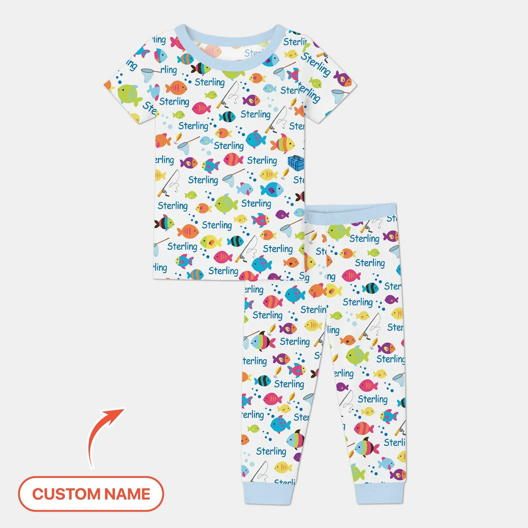 Little Fisher’s Adventure Custom Name Two Piece Short Sleeve Pajama Set , Little Fisher’s Adventure Custom Name Two Piece Short Sleeve Pajama Set - 12-18M