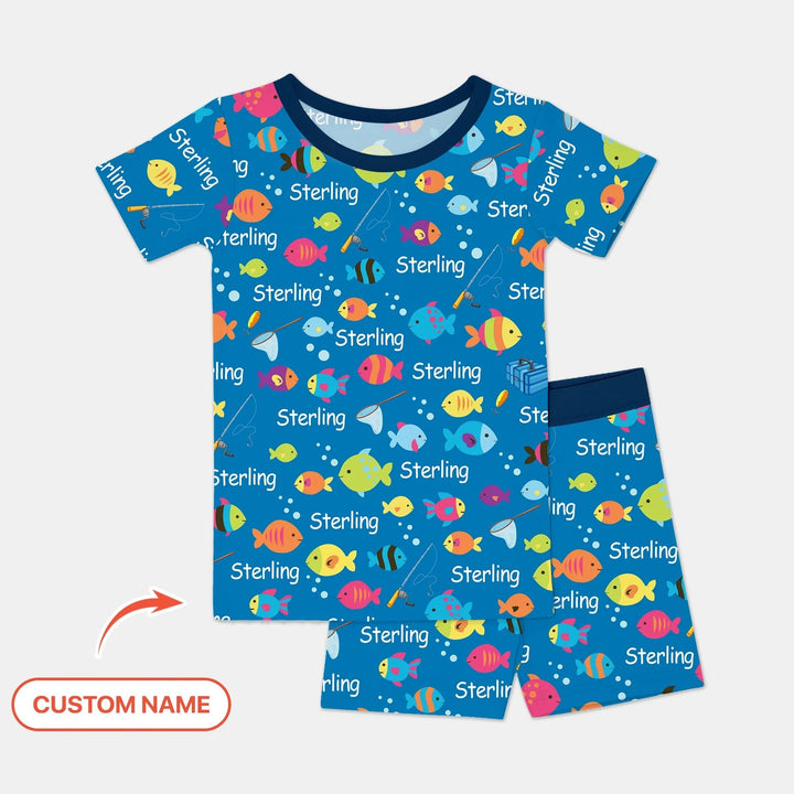 Little Fisher’s Adventure Custom Name Two Piece Short Sleeve Shorts Pajama Set , Little Fisher’s Adventure Custom Name Two Piece Short Sleeve Shorts Pajama Set - 12-18M