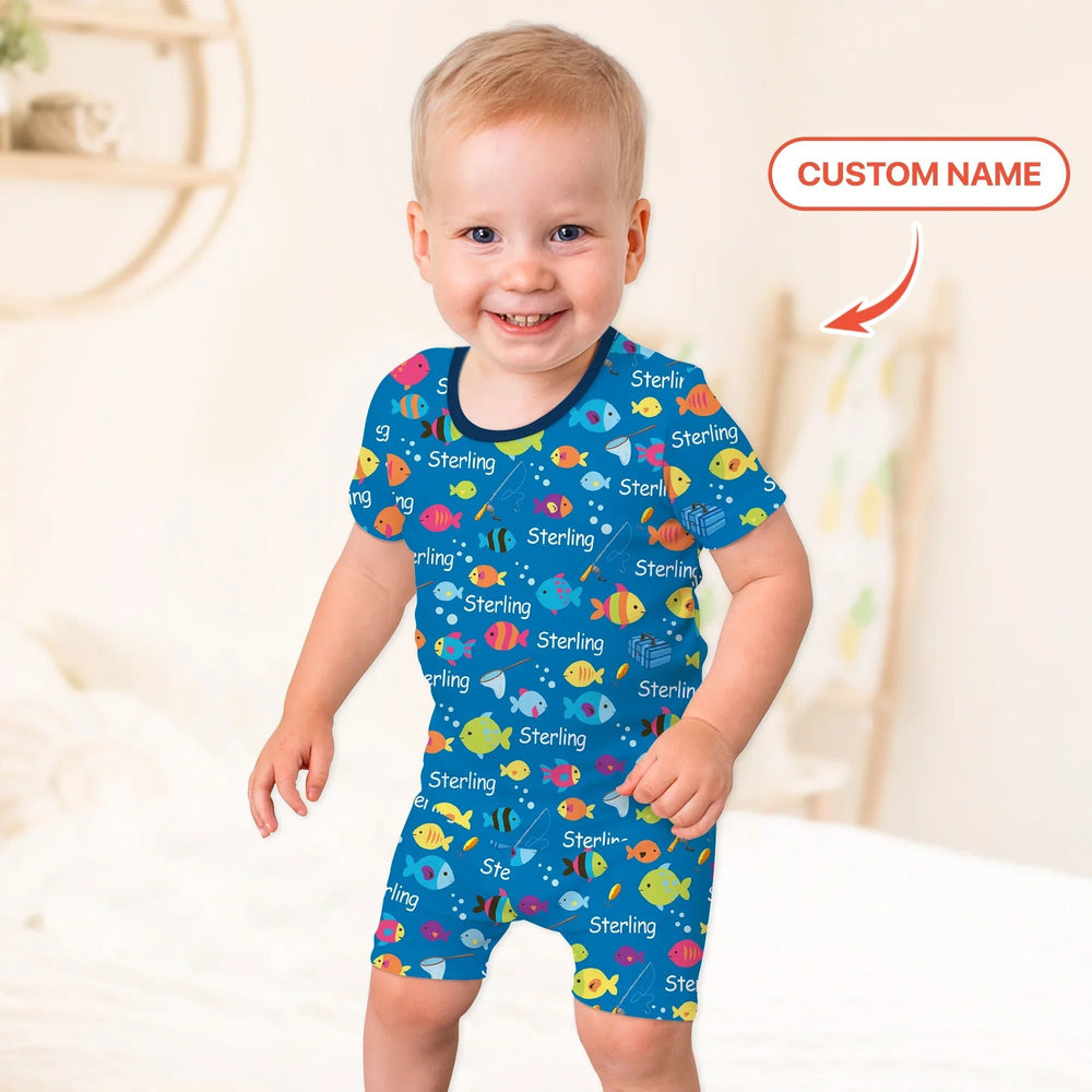 Little Fisher’s Adventure Custom Name Two Piece Short Sleeve Shorts Pajama Set - Zumbamboo