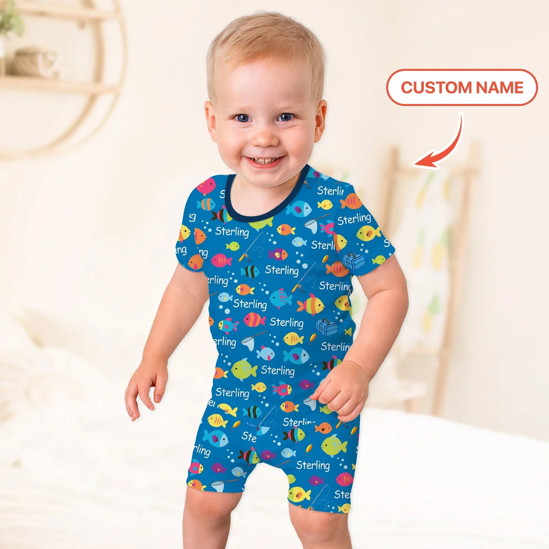 Little Fisher’s Adventure Custom Name Two Piece Short Sleeve Shorts Pajama Set , Little Fisher’s Adventure Custom Name Two Piece Short Sleeve Shorts Pajama Set - 12-18M
