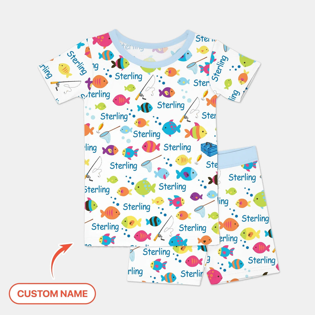 Little Fisher’s Adventure Custom Name Two Piece Short Sleeve Shorts Pajama Set , Little Fisher’s Adventure Custom Name Two Piece Short Sleeve Shorts Pajama Set - 12-18M