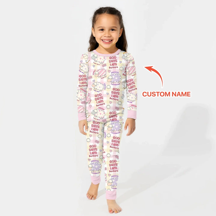 Little Lamb God Says I Am Custom Name Long Sleeve Pajama Set - Zumbamboo