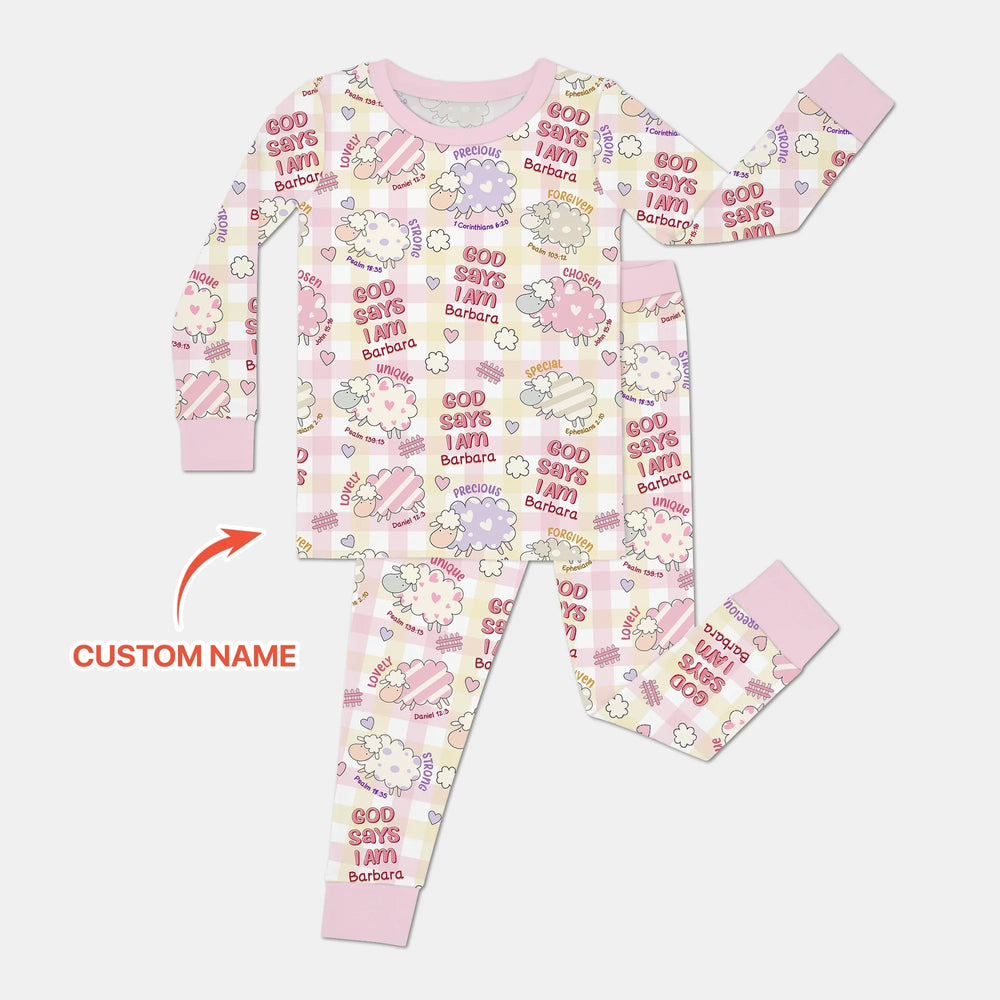 Little Lamb God Says I Am Custom Name Long Sleeve Pajama Set - Zumbamboo