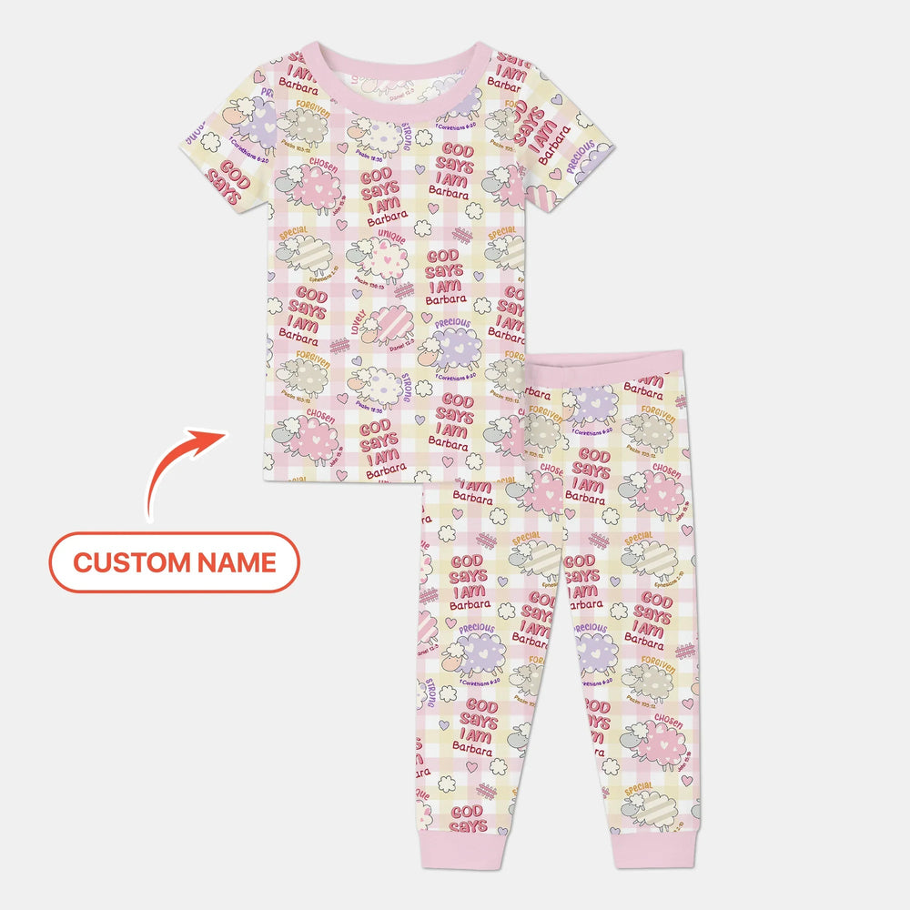 Little Lamb God Says I Am Custom Name Short Sleeve Pajama Set - Zumbamboo