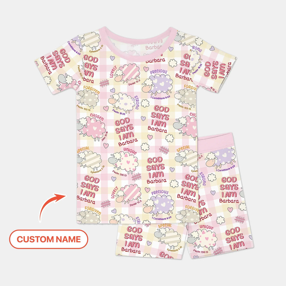 Little Lamb God Says I Am Custom Name Short Sleeve Shorts Pajama Set - Zumbamboo
