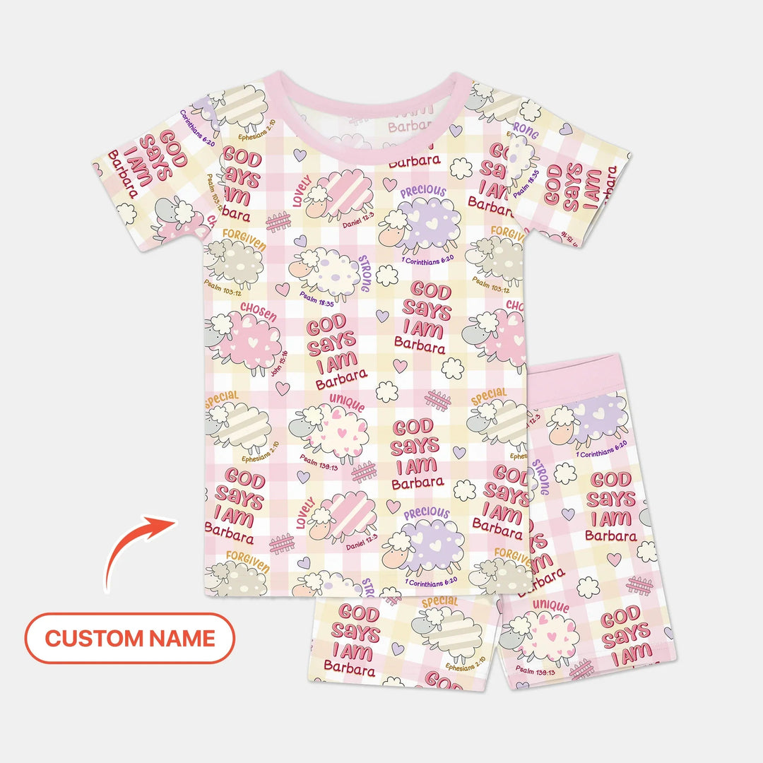 Little Lamb God Says I Am Custom Name Short Sleeve Shorts Pajama Set - Zumbamboo