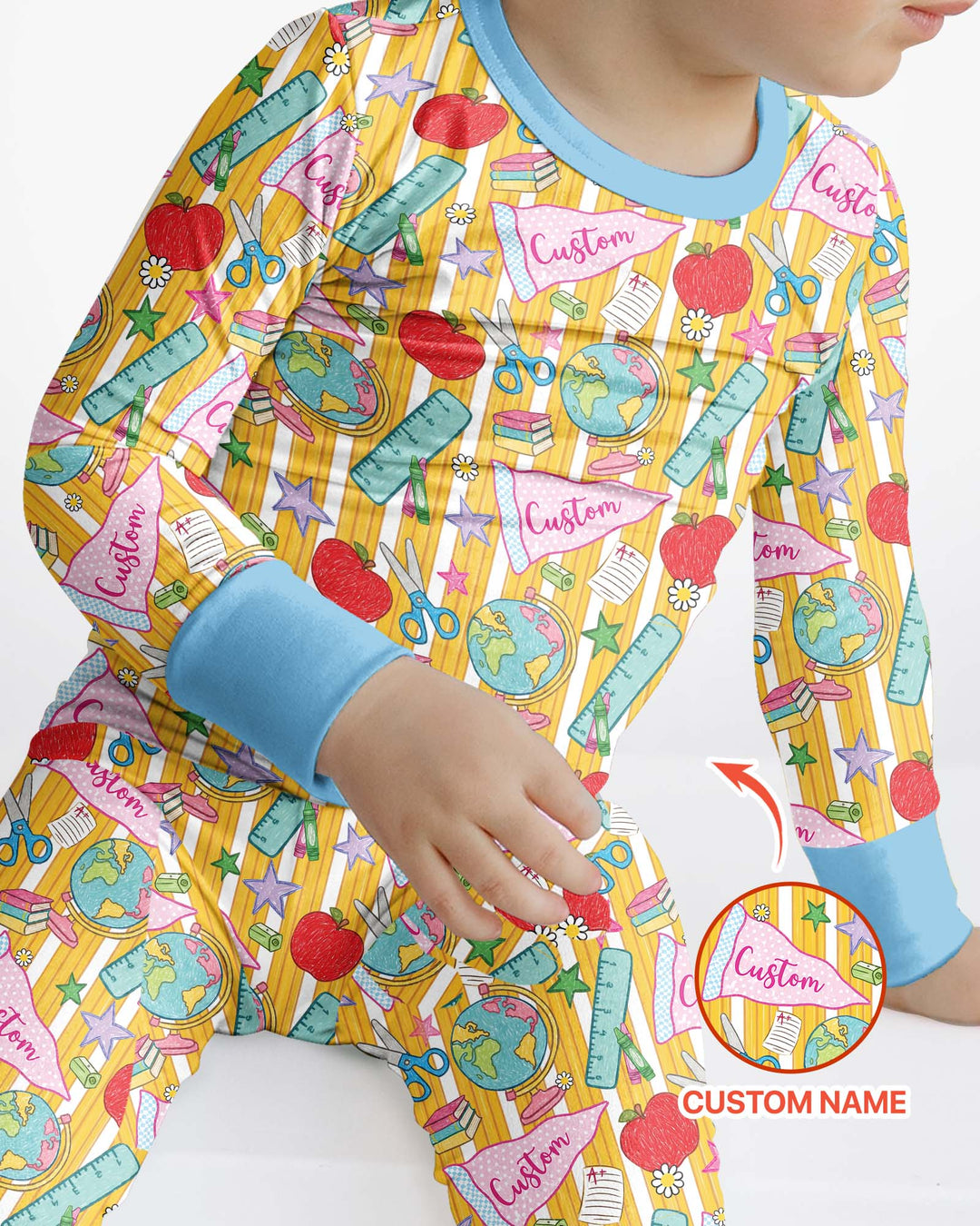 Custom Back To School Pennant Bamboo Two Piece Long Sleeve Pajama Set