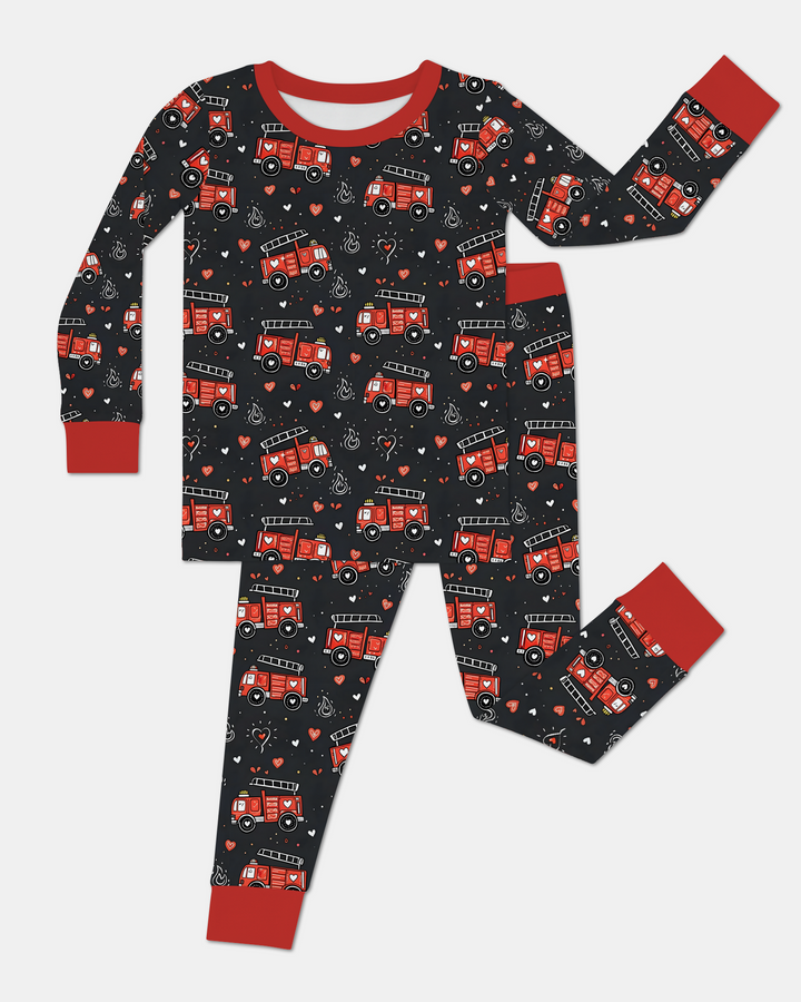 Valentine Fire Trucks Two Piece Long Sleeve Pajama Set