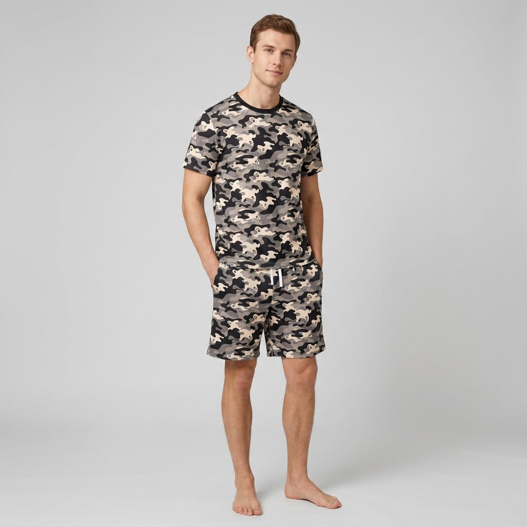 Camo Halloween Ghost Bamboo Men Short Sleeve Short Pajama Set