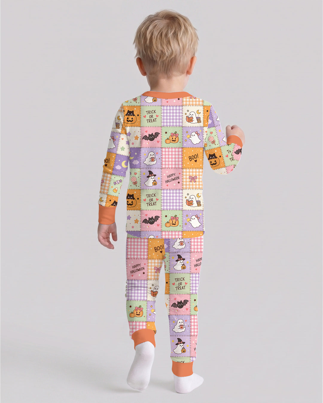 Cute Halloween Trick Or Treat Patchwork Bamboo Two Piece Long Sleeve Pajama Set