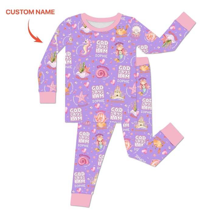 Mermaid God Says I Am Custom Name Two Piece Long Sleeve Pajama Set - Zumbamboo