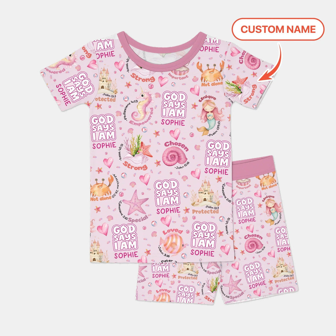 Mermaid God Says I Am Custom Name Two Piece Short Sleeve Shorts Pajama Set - Zumbamboo