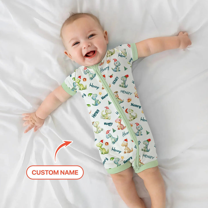 Merry Christmas Dinosaur Custom Name Shorty Zippy , Merry Christmas Dinosaur Custom Name Shorty Zippy - 0-3M
