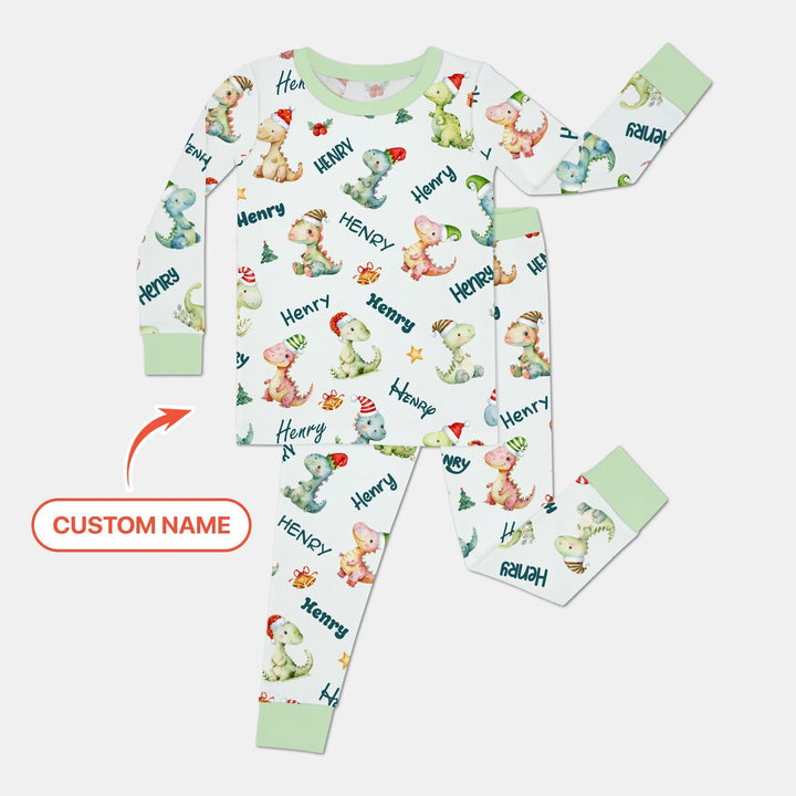 Merry Christmas Dinosaur Custom Name Two Piece Long Sleeve Pajama Set , Merry Christmas Dinosaur Custom Name Two Piece Long Sleeve Pajama Set - 12-18M