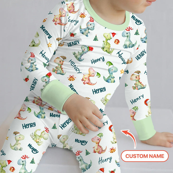 Merry Christmas Dinosaur Custom Name Two Piece Long Sleeve Pajama Set , Merry Christmas Dinosaur Custom Name Two Piece Long Sleeve Pajama Set - 12-18M