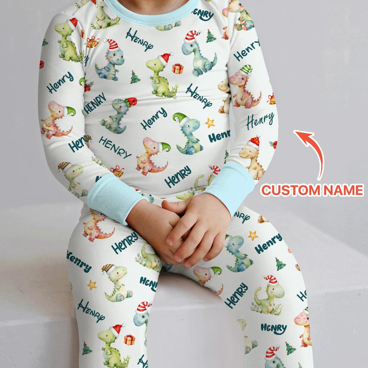 Merry Christmas Dinosaur Custom Name Two Piece Long Sleeve Pajama Set , Merry Christmas Dinosaur Custom Name Two Piece Long Sleeve Pajama Set - 12-18M