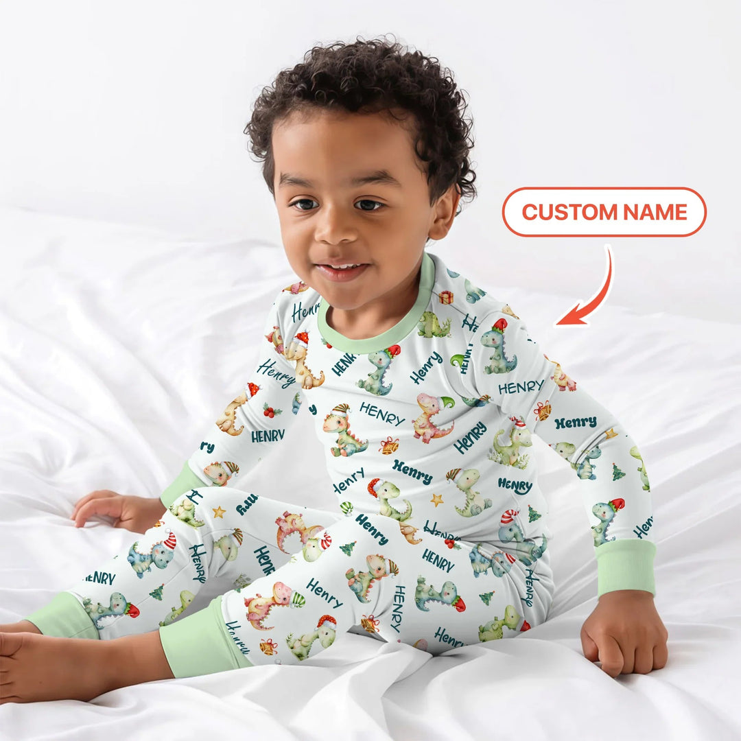 Merry Christmas Dinosaur Custom Name Two Piece Long Sleeve Pajama Set , Merry Christmas Dinosaur Custom Name Two Piece Long Sleeve Pajama Set - 12-18M
