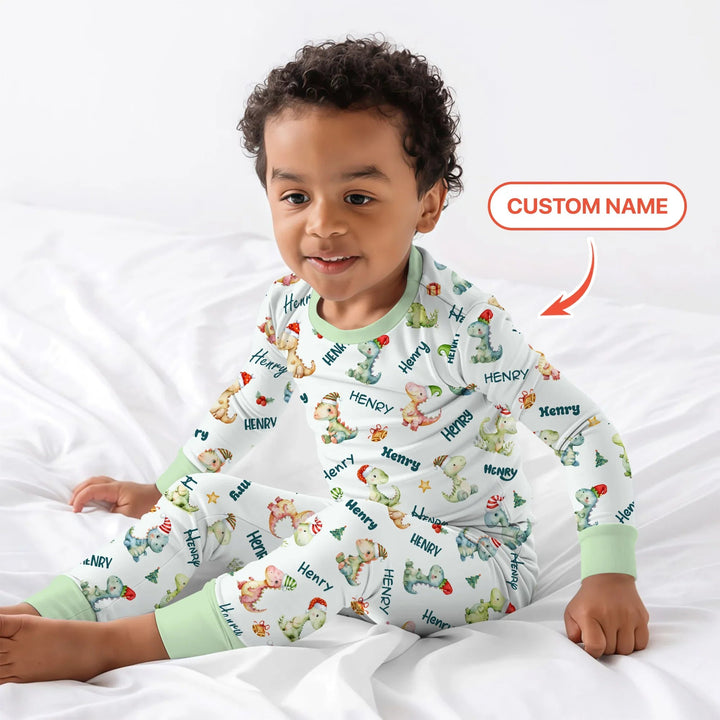 Merry Christmas Dinosaur Custom Name Two Piece Long Sleeve Pajama Set , Merry Christmas Dinosaur Custom Name Two Piece Long Sleeve Pajama Set - 12-18M