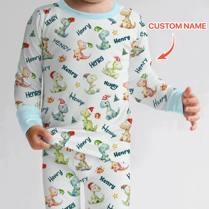 Merry Christmas Dinosaur Custom Name Two Piece Long Sleeve Pajama Set , Merry Christmas Dinosaur Custom Name Two Piece Long Sleeve Pajama Set - 12-18M