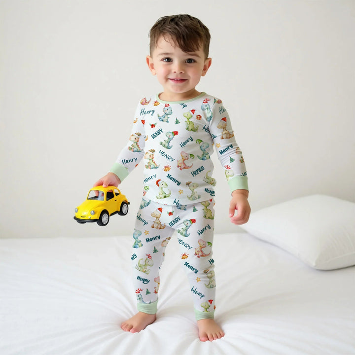 Merry Christmas Dinosaur Custom Name Two Piece Long Sleeve Pajama Set , Merry Christmas Dinosaur Custom Name Two Piece Long Sleeve Pajama Set - 12-18M