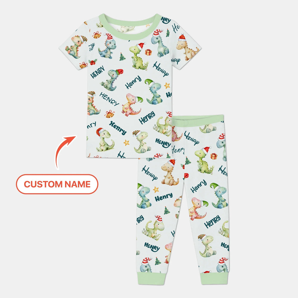 Merry Christmas Dinosaur Custom Name Two Piece Short Sleeve Pajama Set - Zumbamboo