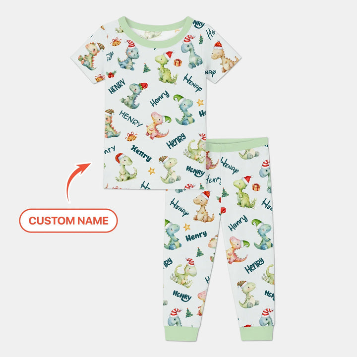 Merry Christmas Dinosaur Custom Name Two Piece Short Sleeve Pajama Set , Merry Christmas Dinosaur Custom Name Two Piece Short Sleeve Pajama Set - 12-18M