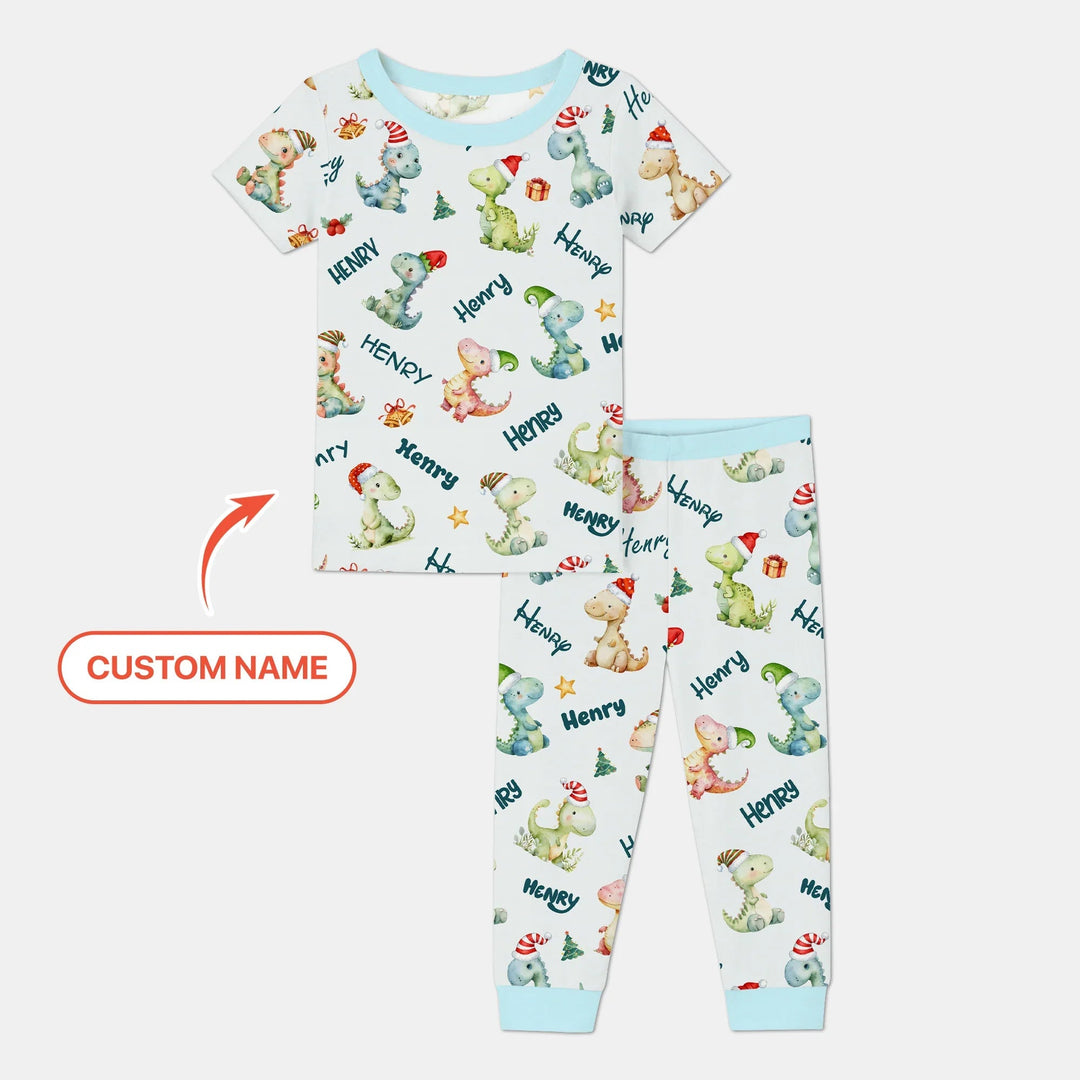 Merry Christmas Dinosaur Custom Name Two Piece Short Sleeve Pajama Set , Merry Christmas Dinosaur Custom Name Two Piece Short Sleeve Pajama Set - 12-18M