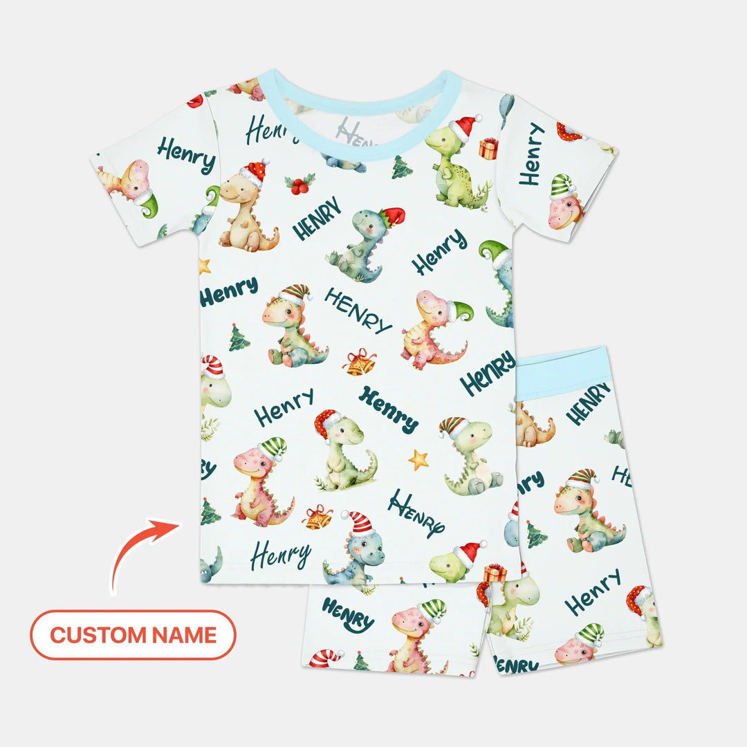 Merry Christmas Dinosaur Custom Name Two Piece Short Sleeve Shorts Pajama Set , Merry Christmas Dinosaur Custom Name Two Piece Short Sleeve Shorts Pajama Set - 12-18M