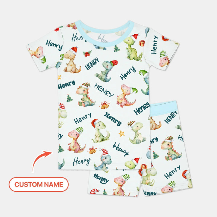 Merry Christmas Dinosaur Custom Name Two Piece Short Sleeve Shorts Pajama Set , Merry Christmas Dinosaur Custom Name Two Piece Short Sleeve Shorts Pajama Set - 12-18M