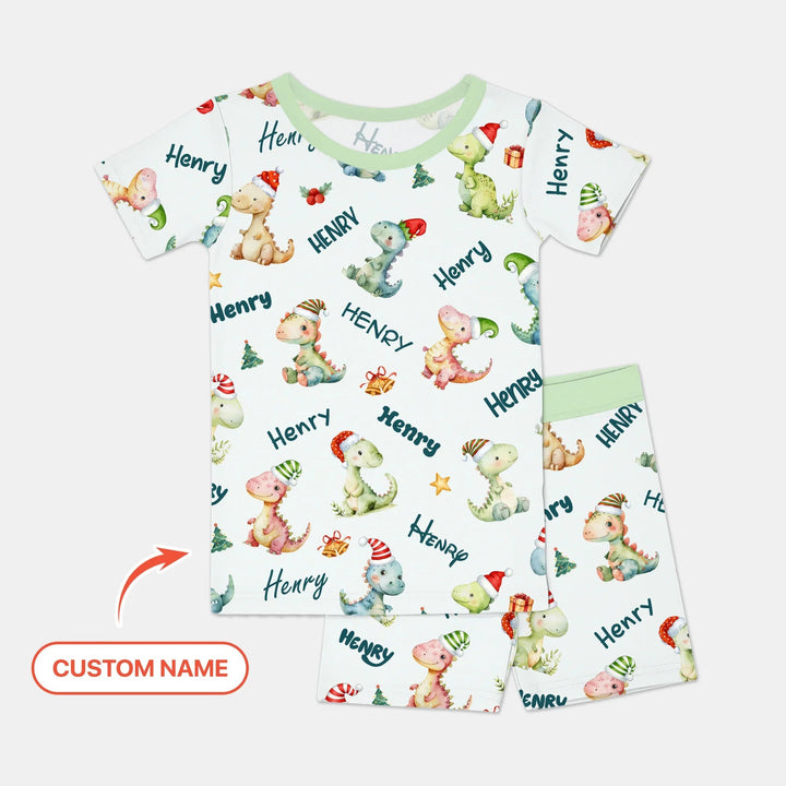 Merry Christmas Dinosaur Custom Name Two Piece Short Sleeve Shorts Pajama Set , Merry Christmas Dinosaur Custom Name Two Piece Short Sleeve Shorts Pajama Set - 12-18M