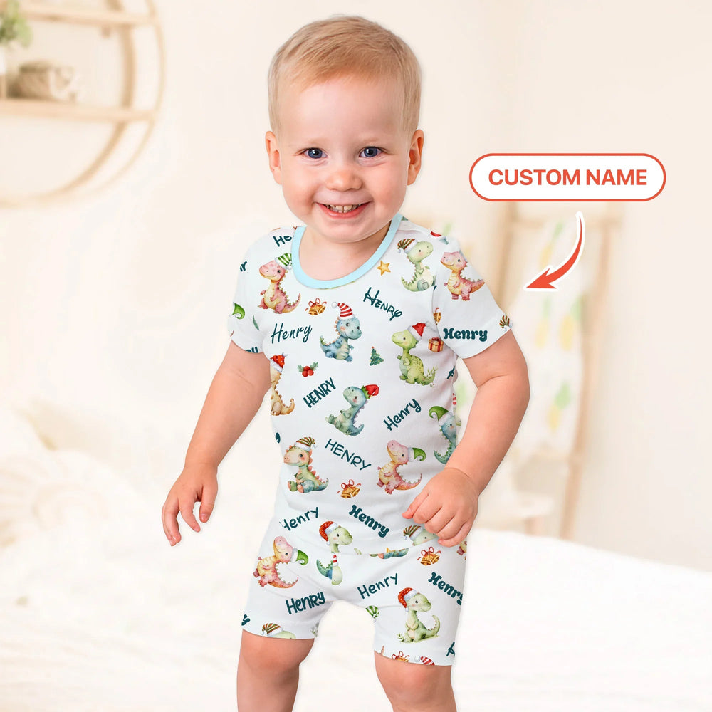 Merry Christmas Dinosaur Custom Name Two Piece Short Sleeve Shorts Pajama Set - Zumbamboo