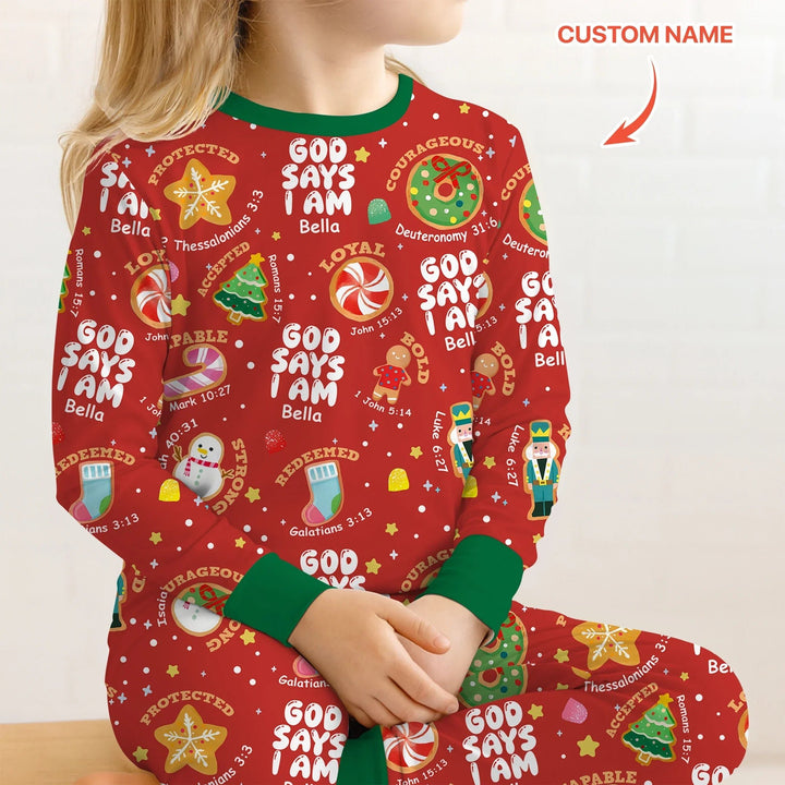 Merry Christmas God Says I Am Custom Name Two Piece Long Sleeve Pajama Set - Zumbamboo