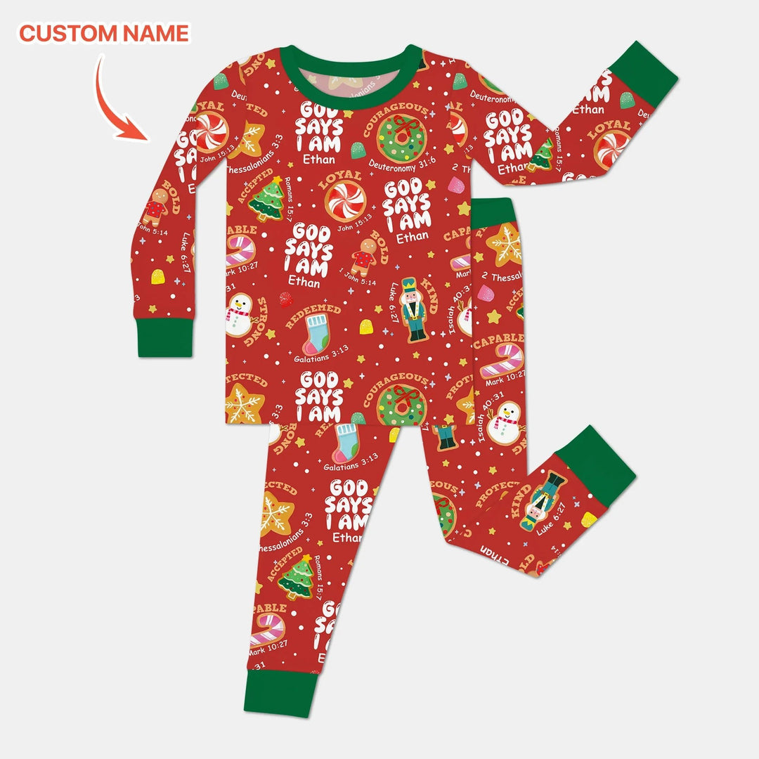 Merry Christmas God Says I Am Custom Name Two Piece Long Sleeve Pajama Set - Zumbamboo