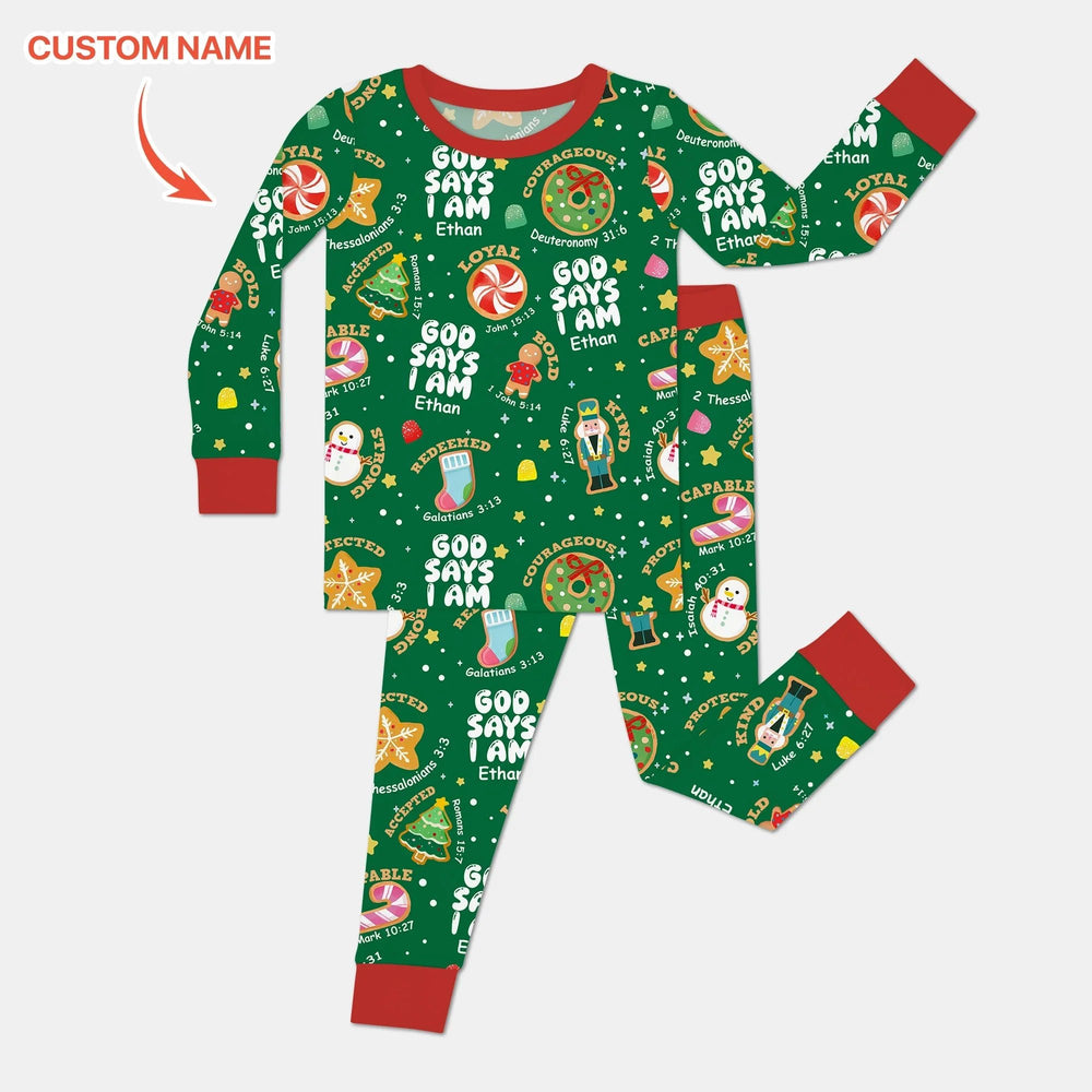 Merry Christmas God Says I Am Custom Name Two Piece Long Sleeve Pajama Set , Merry Christmas God Says I Am Custom Name Two Piece Long Sleeve Pajama Set - 12-18M