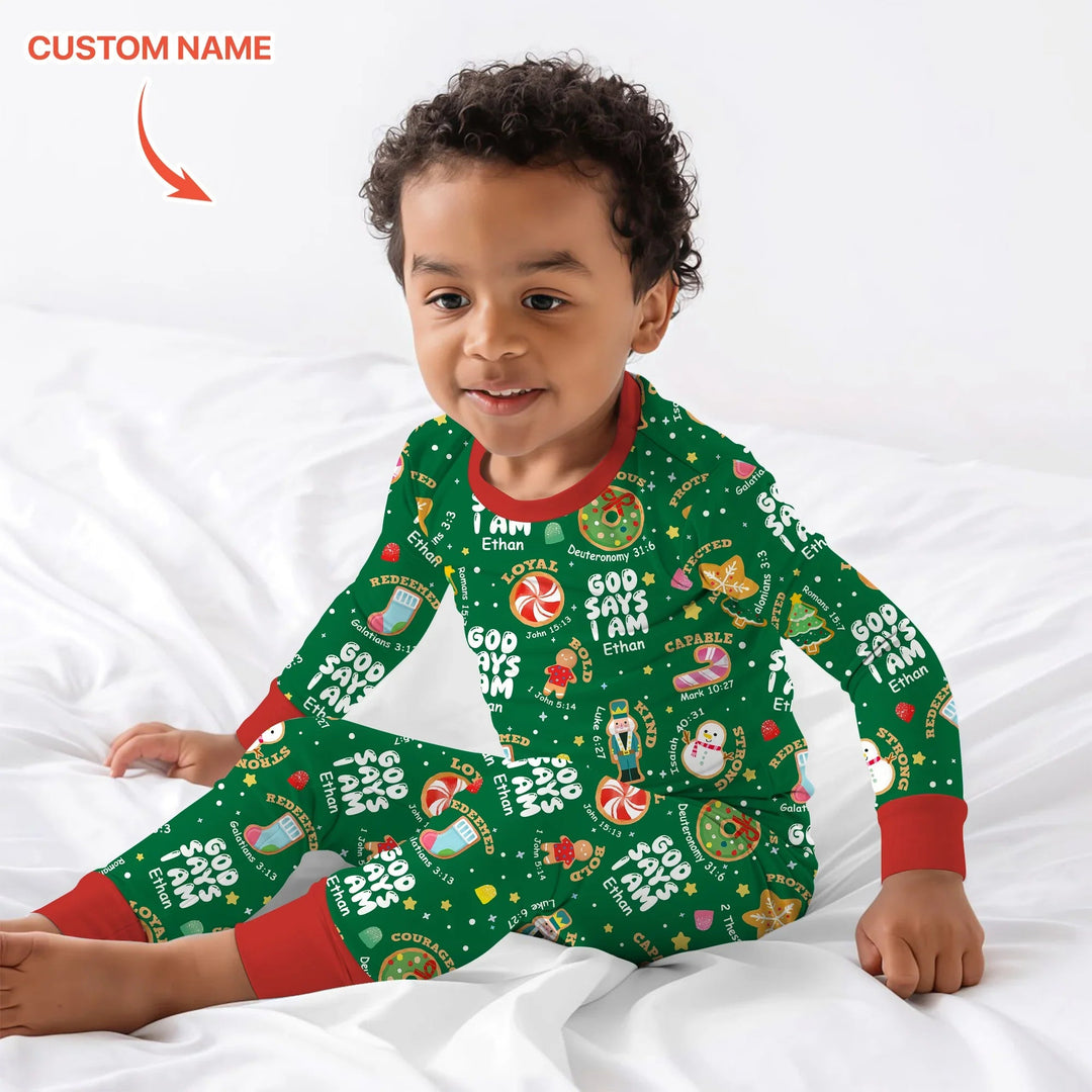 Merry Christmas God Says I Am Custom Name Two Piece Long Sleeve Pajama Set - Zumbamboo