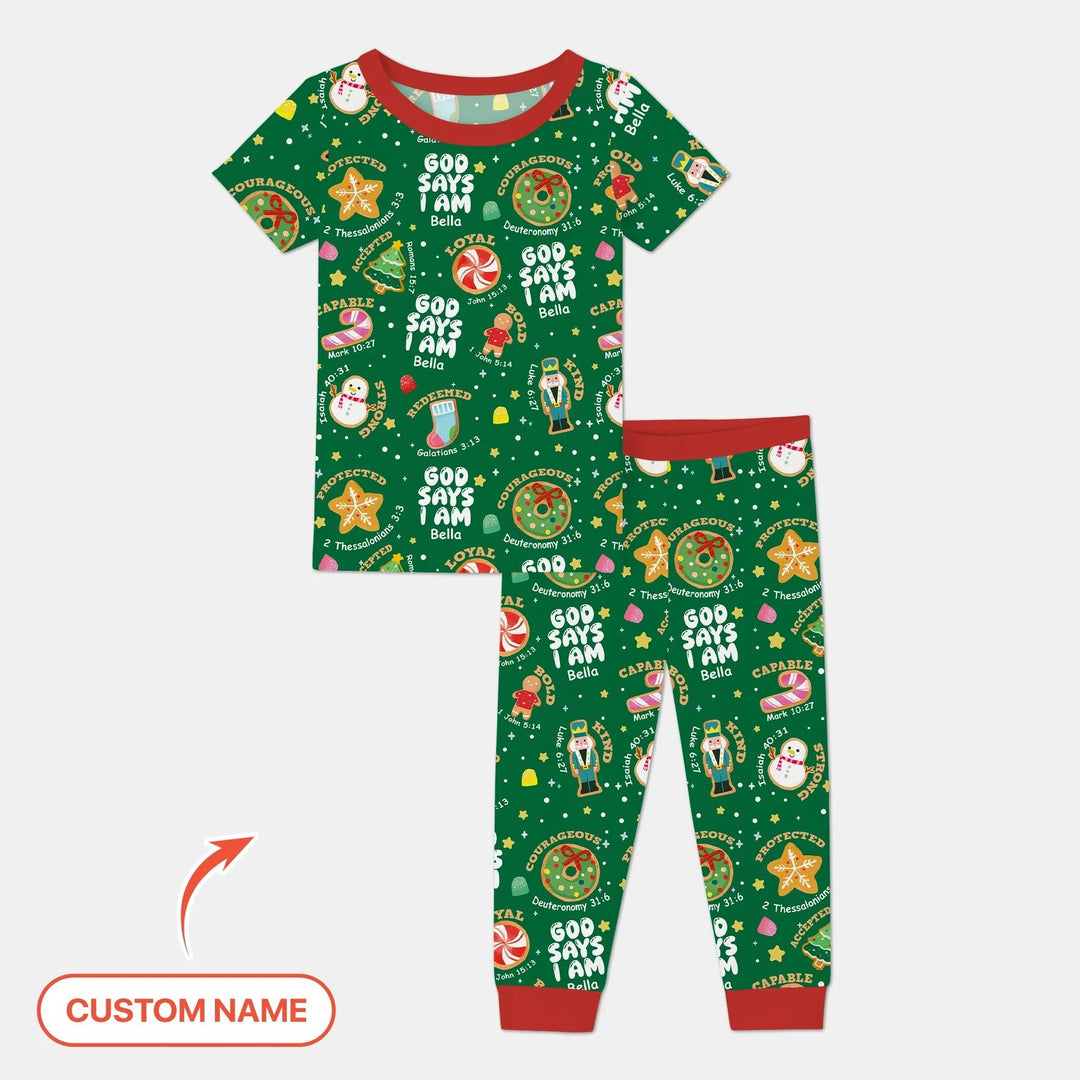 Merry Christmas God Says I Am Custom Name Two Piece Short Sleeve Pajama Set - Zumbamboo