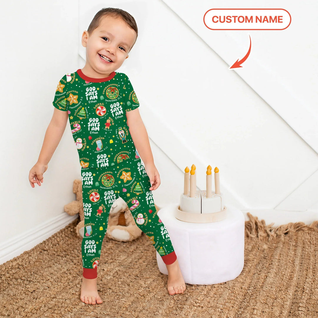 Merry Christmas God Says I Am Custom Name Two Piece Short Sleeve Pajama Set - Zumbamboo