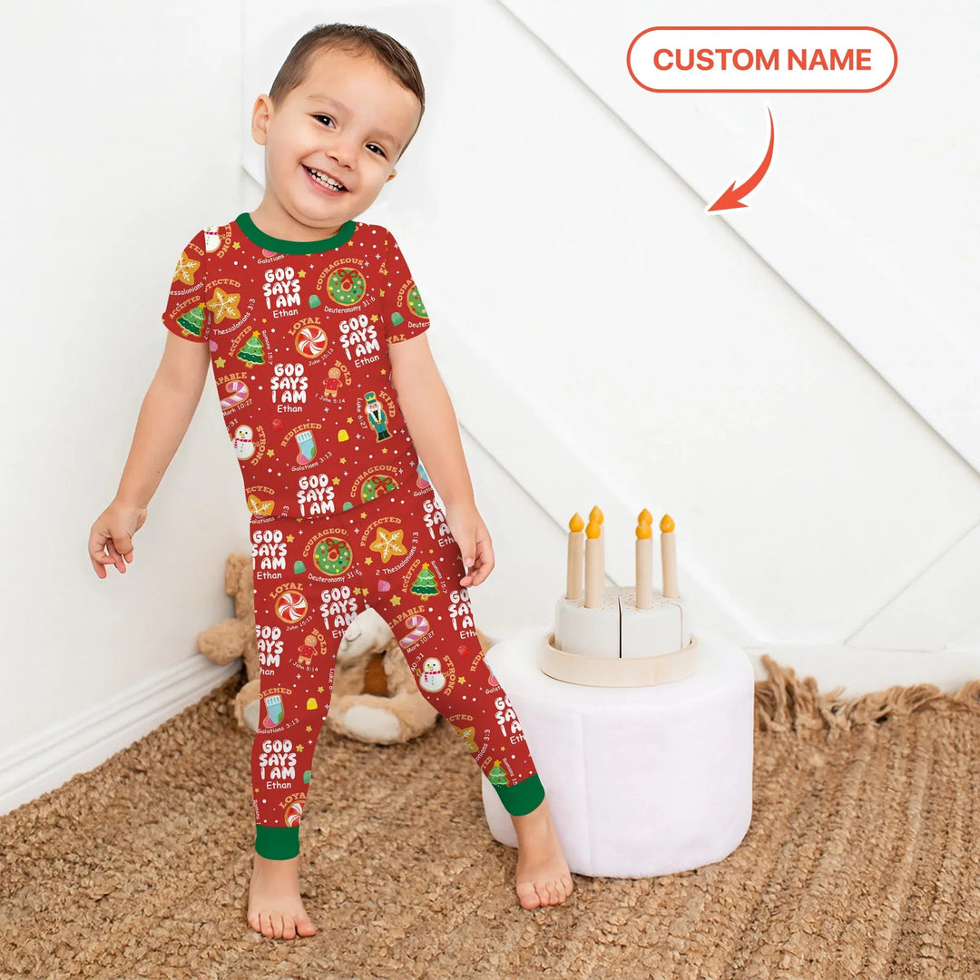 Merry Christmas God Says I Am Custom Name Two Piece Short Sleeve Pajama Set - Zumbamboo