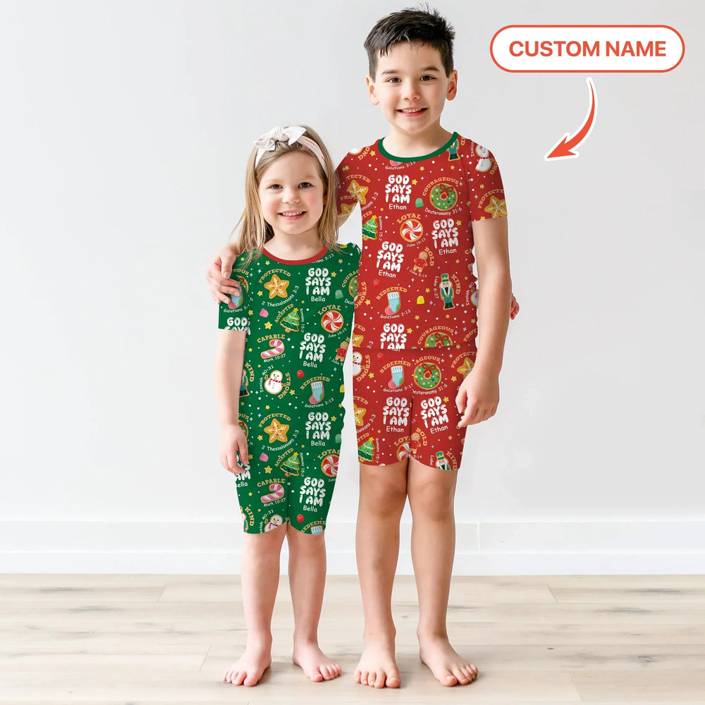 Merry Christmas God Says I Am Custom Name Two Piece Short Sleeve Shorts Pajama Set - Zumbamboo