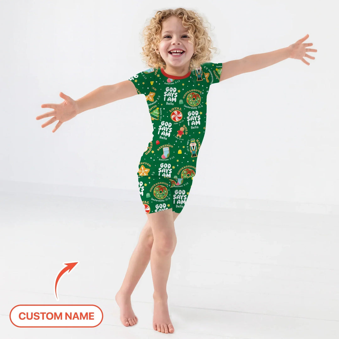 Merry Christmas God Says I Am Custom Name Two Piece Short Sleeve Shorts Pajama Set - Zumbamboo