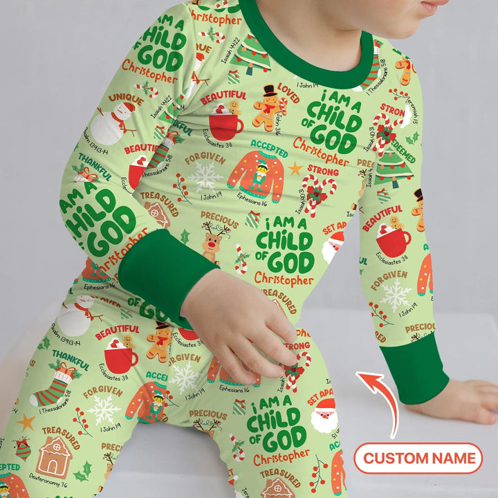 Merry Christmas I Am A Child Of God Custom Name Two Piece Long Sleeve Pajama Set , Merry Christmas I Am A Child Of God Custom Name Two Piece Long Sleeve Pajama Set - 12-18M